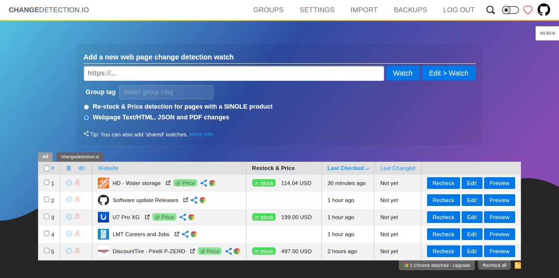 Self-hosted web site page change monitoring