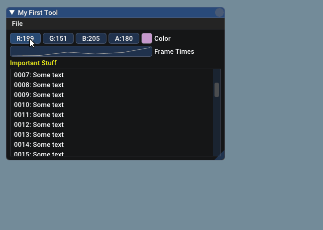 screenshot of sample code alongside its output with ImGui